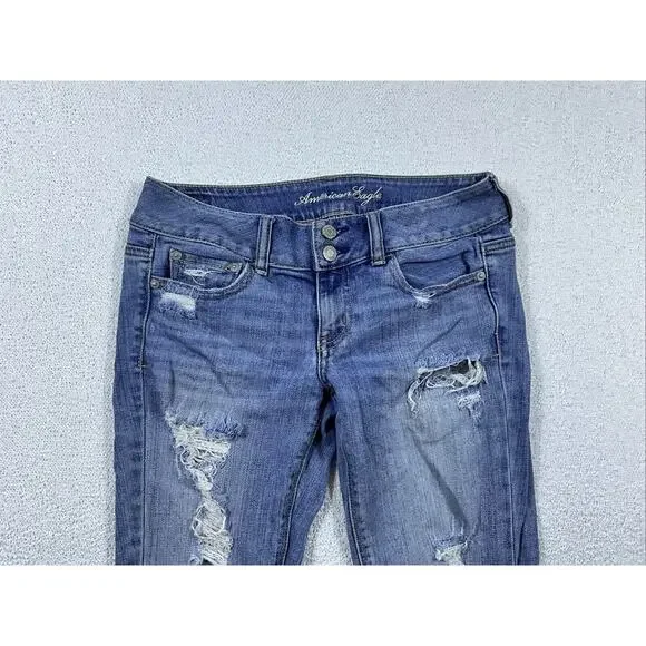 American Eagle Outfitters Artist Jeans 2 Regular Double Button Stretch Distress - Picture 2 of 9